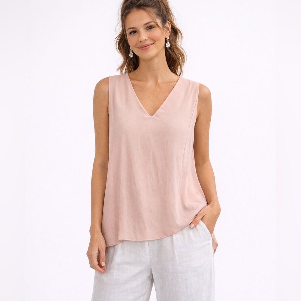 Iris & Ink Blush Pink V-Neck Sleeveless Blouse Size 10 Silk-Feel Minimalist Top